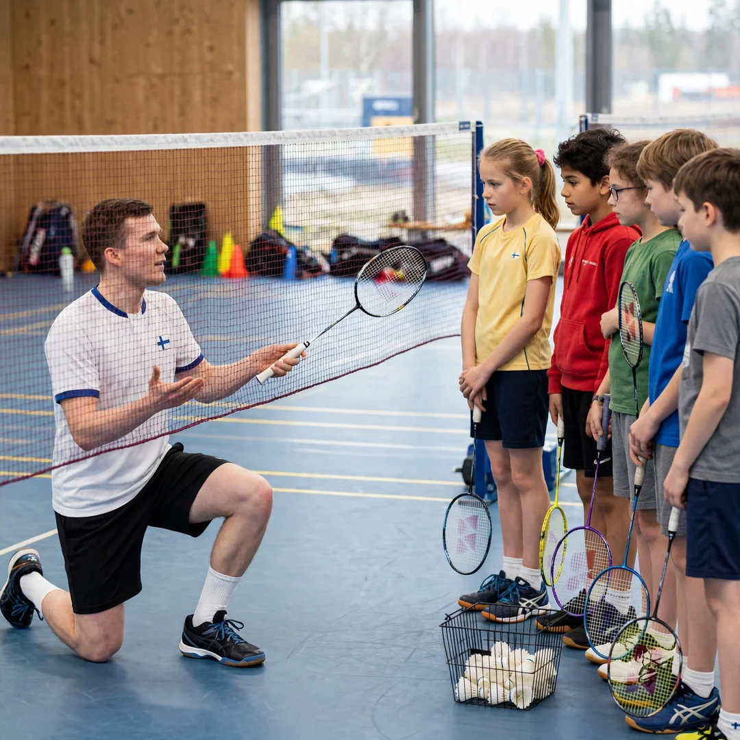 Kalle Koljonen demonstrating a net shot to junior players at a badminton clinic (AI-generated) Kalle Koljonen demonstrating a net shot to junior players at a badminton clinic (AI-generated)