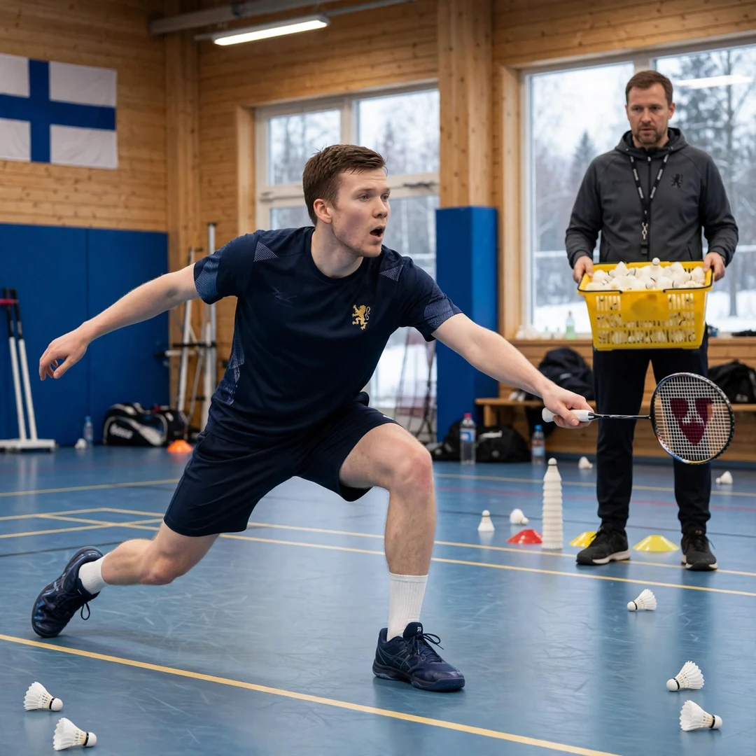 Kalle Koljonen in a multi-shuttle training drill (AI-generated) Kalle Koljonen in a multi-shuttle training drill (AI-generated)