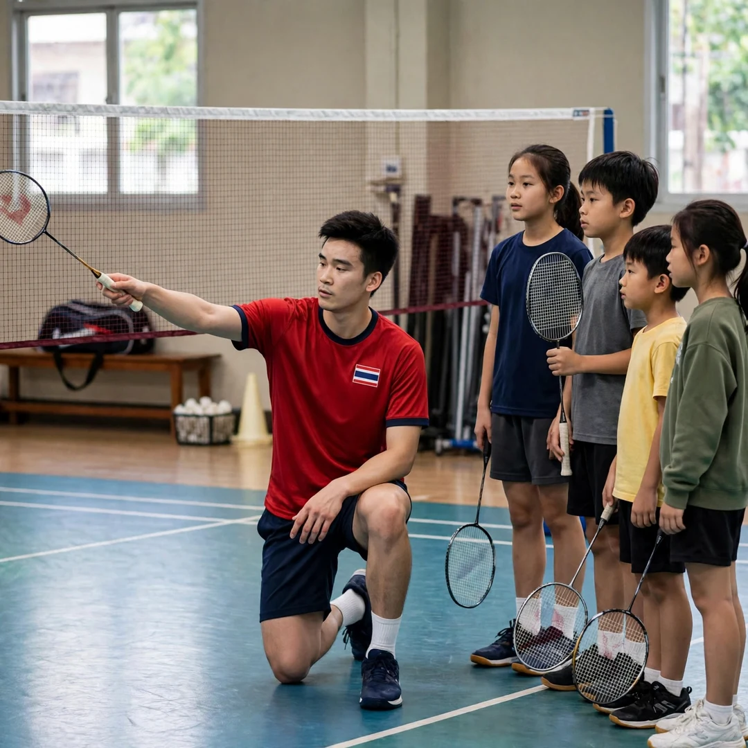 Kantaphon Wangcharoen Kantaphon Wangcharoen demonstrating a net shot to junior players at a badminton clinic (AI-generated)