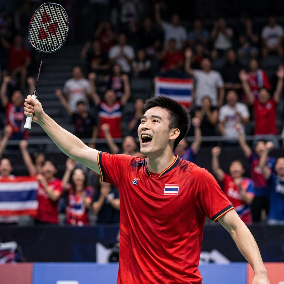 Kantaphon Wangcharoen Kantaphon Wangcharoen celebrating a victory with his racket raised (AI-generated)