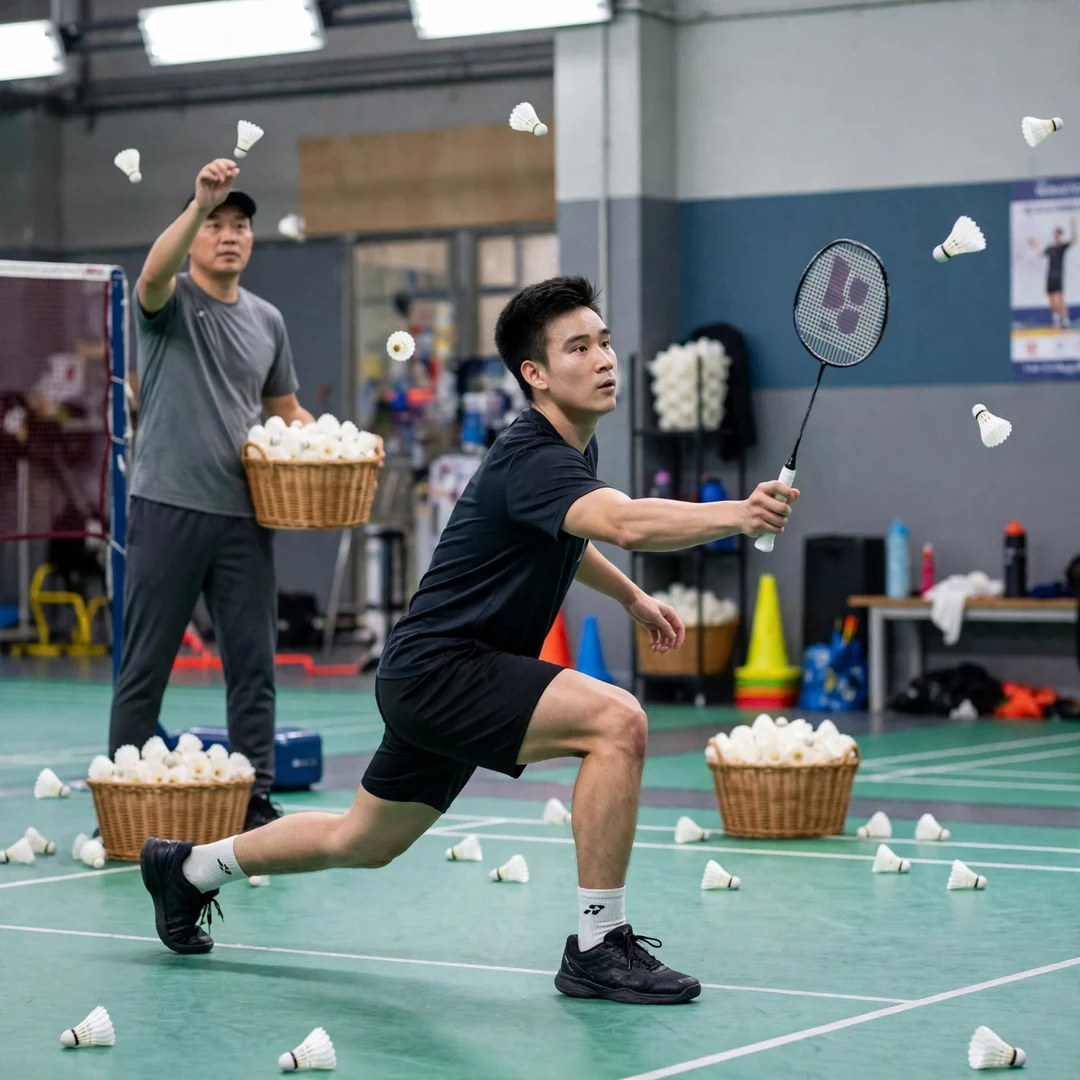 Kantaphon Wangcharoen Kantaphon Wangcharoen in a multi-shuttle training drill with his coach feeding shuttles (AI-generated)