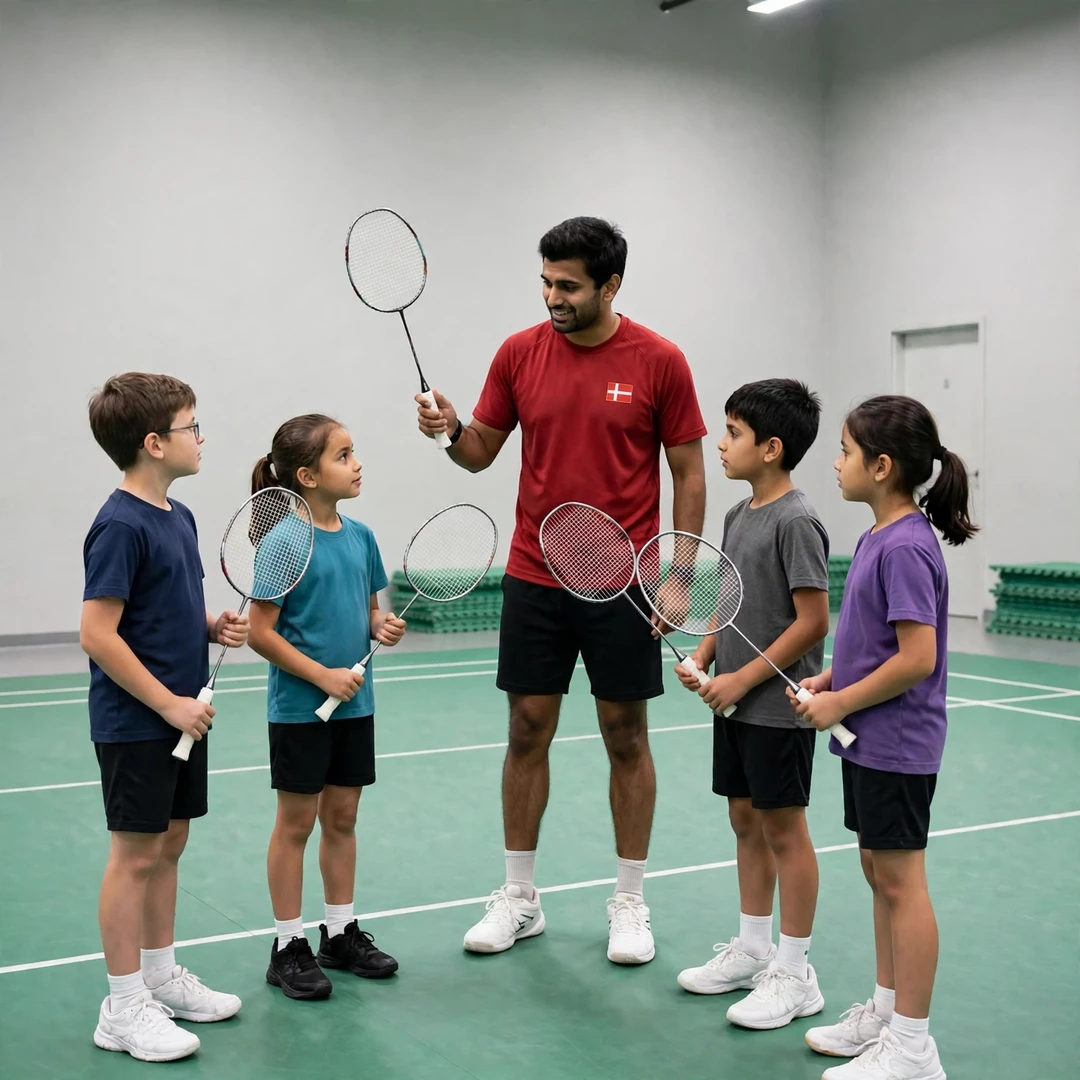 Karan Rajan Rajarajan demonstrating technique to junior players in a badminton hall (AI-generated) Karan Rajan Rajarajan demonstrating technique to junior players in a badminton hall (AI-generated)
