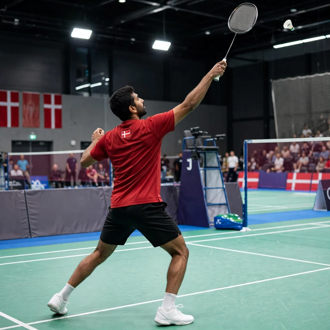 Karan Rajan Rajarajan reaching up for a round-the-head forehand, seen from behind (AI-generated) Karan Rajan Rajarajan reaching up for a round-the-head forehand, seen from behind (AI-generated)