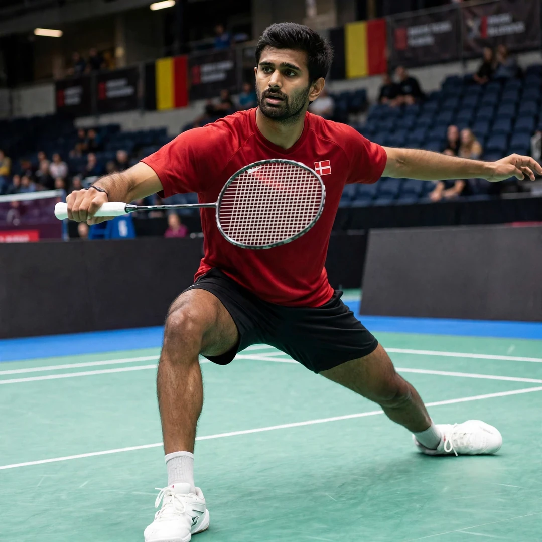 Karan Rajan Rajarajan playing a forehand drive at full stretch during the Belgian International (AI-generated) Karan Rajan Rajarajan playing a forehand drive at full stretch during the Belgian International (AI-generated)