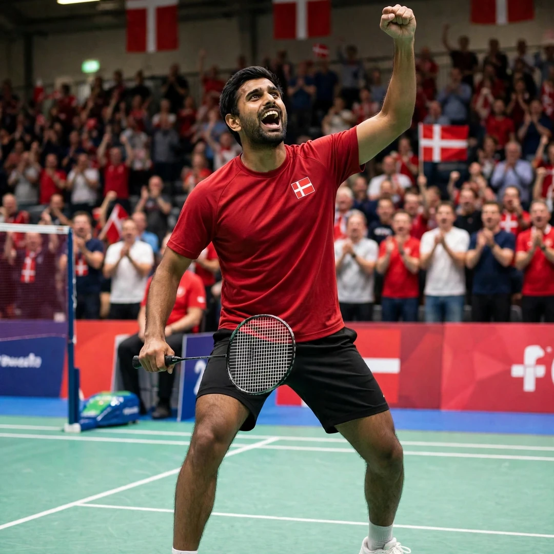 Karan Rajan Rajarajan celebrating match point with a fist pump, racket low in his right hand (AI-generated) Karan Rajan Rajarajan celebrating match point with a fist pump, racket low in his right hand (AI-generated)