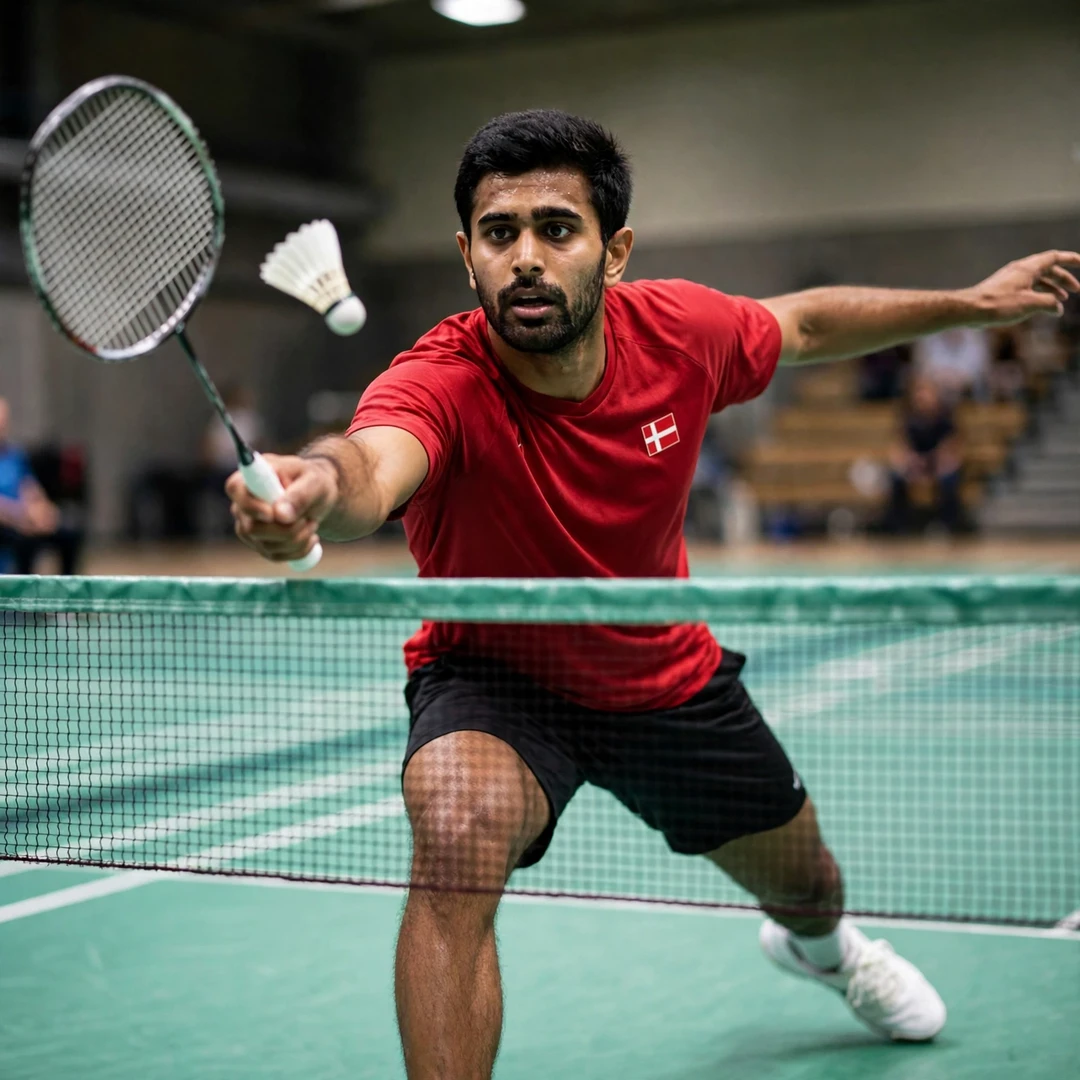 Karan Rajan Rajarajan lunging at the net for a spinning net shot, racket in his right hand (AI-generated) Karan Rajan Rajarajan lunging at the net for a spinning net shot, racket in his right hand (AI-generated)