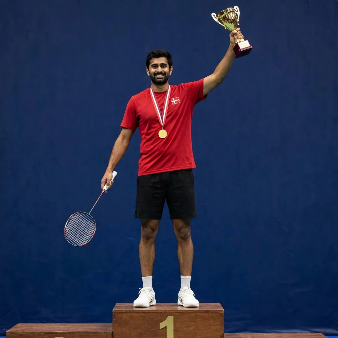 Karan Rajan Rajarajan on the top step of the podium with a gold medal, trophy raised in his left hand and racket in his right (AI-generated) Karan Rajan Rajarajan on the top step of the podium with a gold medal, trophy raised in his left hand and racket in his right (AI-generated)