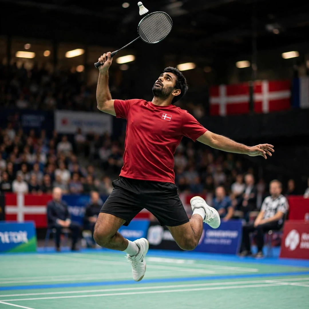 Karan Rajan Rajarajan at the peak of a jump smash, racket high in his right hand (AI-generated) Karan Rajan Rajarajan at the peak of a jump smash, racket high in his right hand (AI-generated)