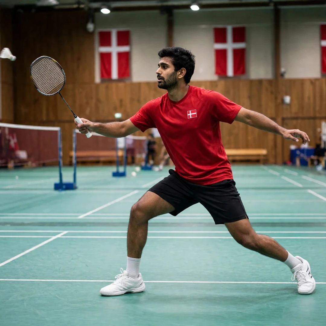Karan Rajan Rajarajan playing a backhand clear from the rear court (AI-generated) Karan Rajan Rajarajan playing a backhand clear from the rear court (AI-generated)