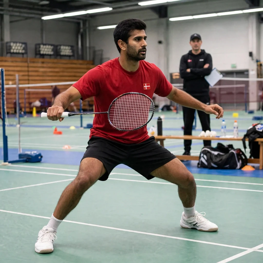 Karan Rajan Rajarajan doing shadow footwork in training with his coach watching (AI-generated) Karan Rajan Rajarajan doing shadow footwork in training with his coach watching (AI-generated)