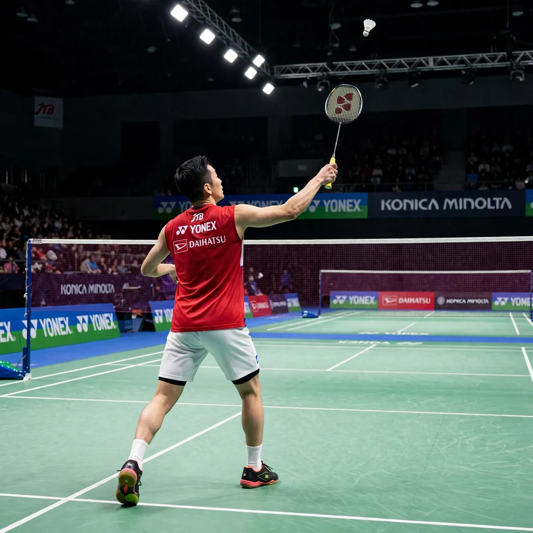 Kenta Nishimoto backhand Kenta Nishimoto playing a backhand clear (AI-generated)