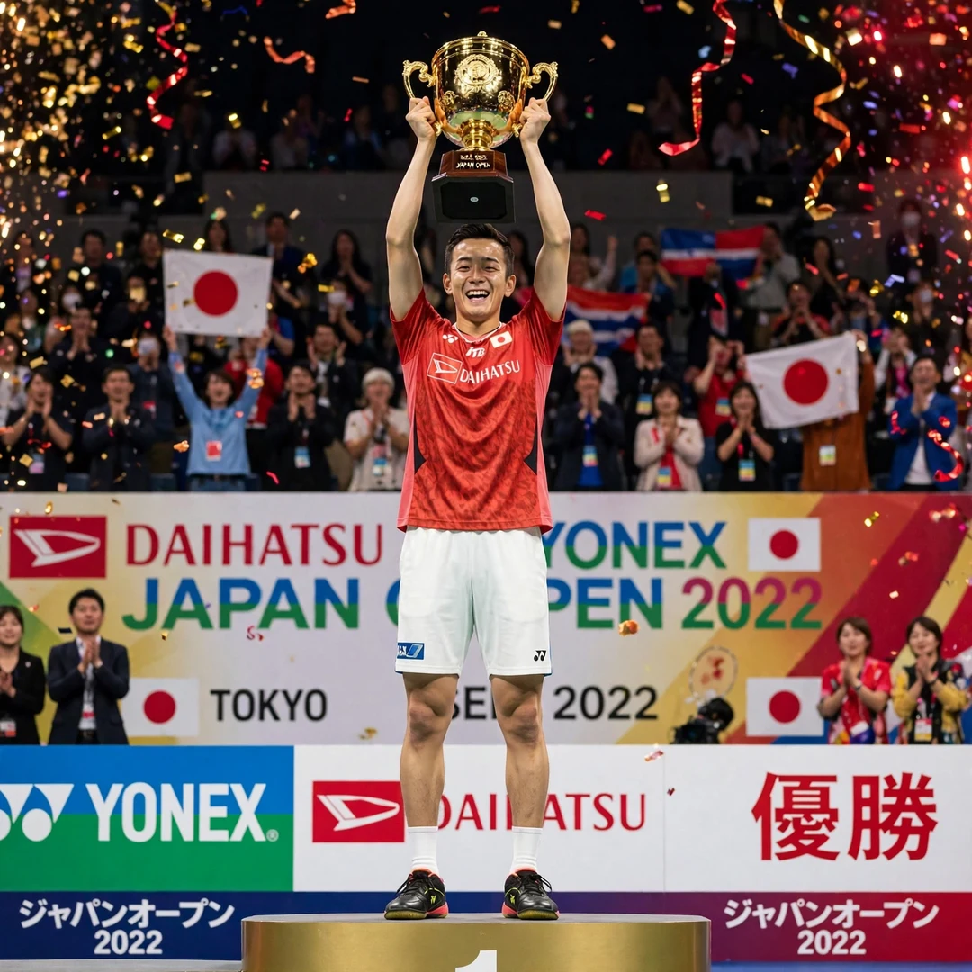 Kenta Nishimoto Japan Open trophy Kenta Nishimoto lifting the 2022 Japan Open trophy (AI-generated)