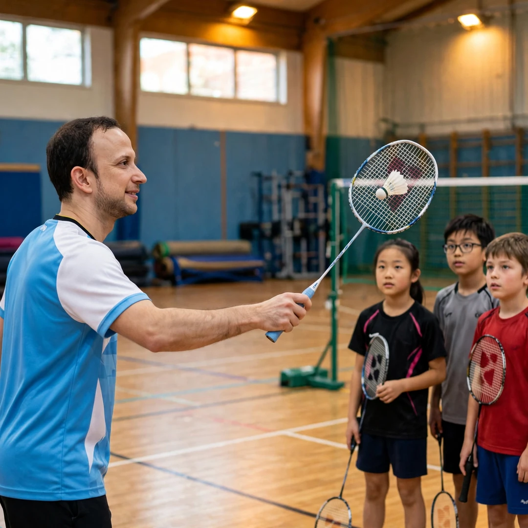 Kevin Cordon demonstrating a net shot to junior players at a badminton clinic (AI-generated) Kevin Cordon demonstrating a net shot to junior players at a badminton clinic (AI-generated)