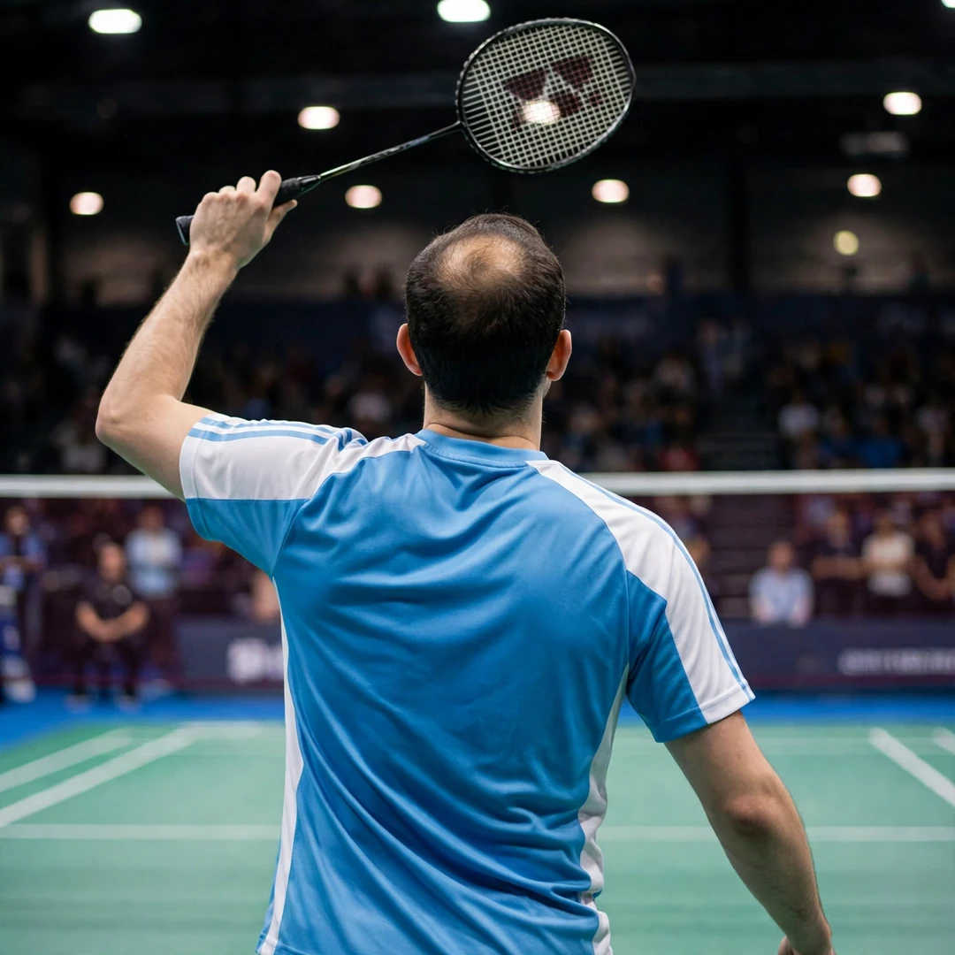 Kevin Cordon playing a backhand clear, seen from behind (AI-generated) Kevin Cordon playing a backhand clear, seen from behind (AI-generated)
