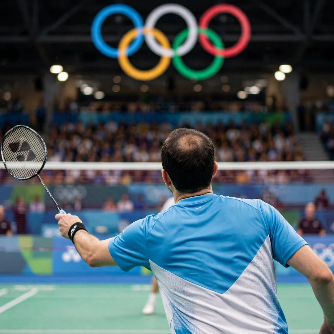 Kevin Cordon playing at the net at the Olympic Games, seen from behind (AI-generated) Kevin Cordon playing at the net at the Olympic Games, seen from behind (AI-generated)