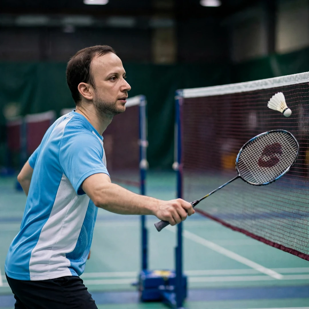Kevin Cordon playing a soft net shot, seen from the side (AI-generated) Kevin Cordon playing a soft net shot, seen from the side (AI-generated)