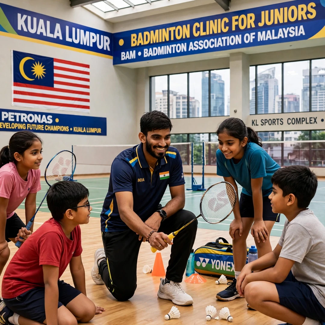 Kidambi Srikanth junior clinic Kidambi Srikanth coaching junior players at a clinic (AI-generated)