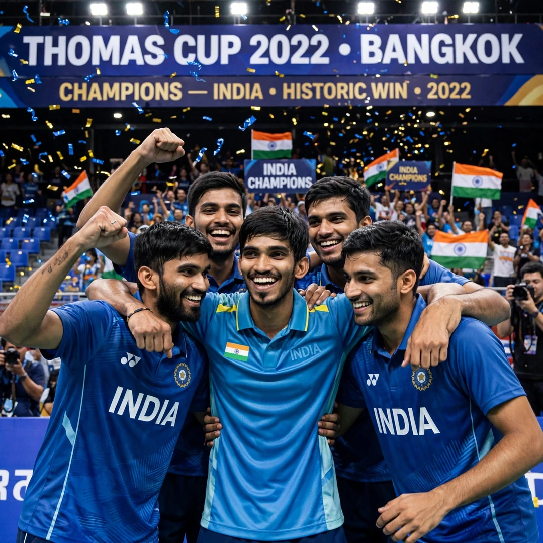 Kidambi Srikanth Thomas Cup celebration Kidambi Srikanth celebrating India's 2022 Thomas Cup victory with his teammates (AI-generated)