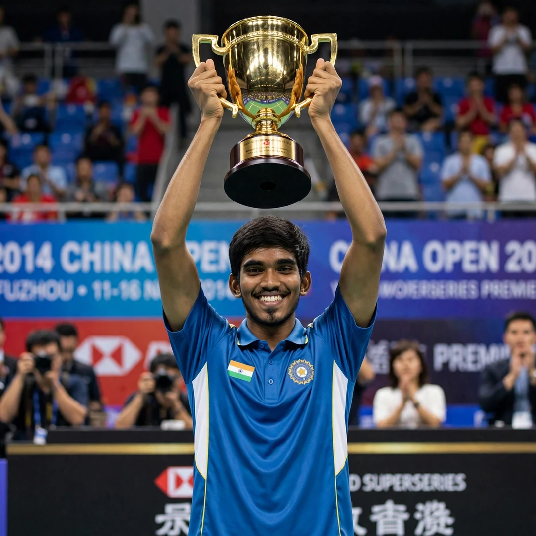 Kidambi Srikanth China Open trophy Kidambi Srikanth lifting the 2014 China Open trophy after beating Lin Dan (AI-generated)