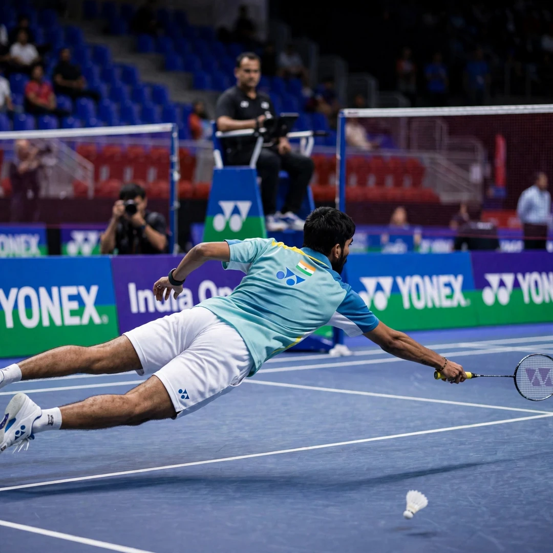 Kidambi Srikanth defence Kidambi Srikanth diving for a defensive return (AI-generated)