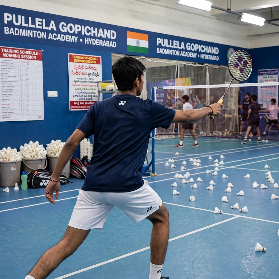 Kidambi Srikanth academy training Young Kidambi Srikanth training at the Gopichand Academy in Hyderabad (AI-generated)