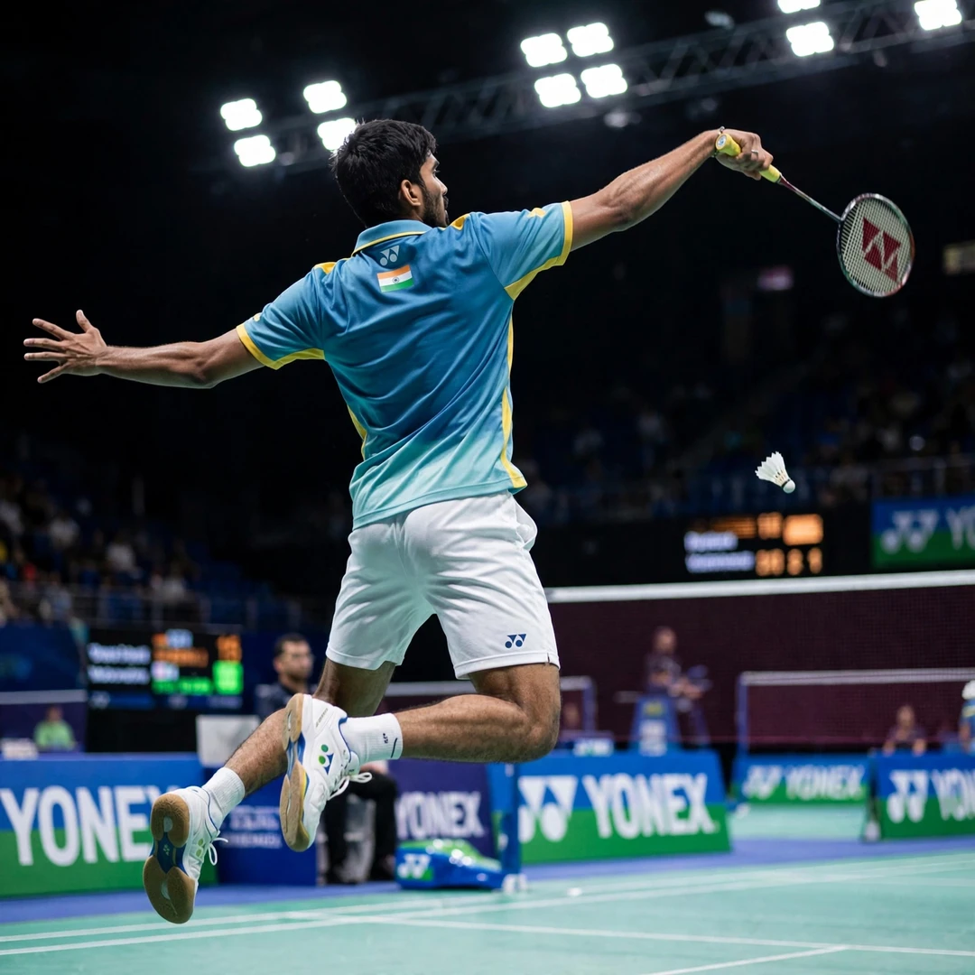 Kidambi Srikanth jump smash Kidambi Srikanth playing his signature jump smash (AI-generated)