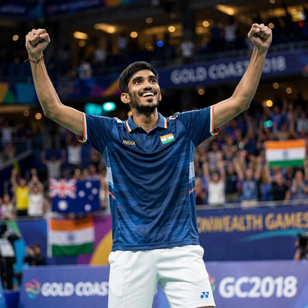 Kidambi Srikanth celebration Kidambi Srikanth celebrating at the 2018 Commonwealth Games, the year he became world No. 1 (AI-generated)