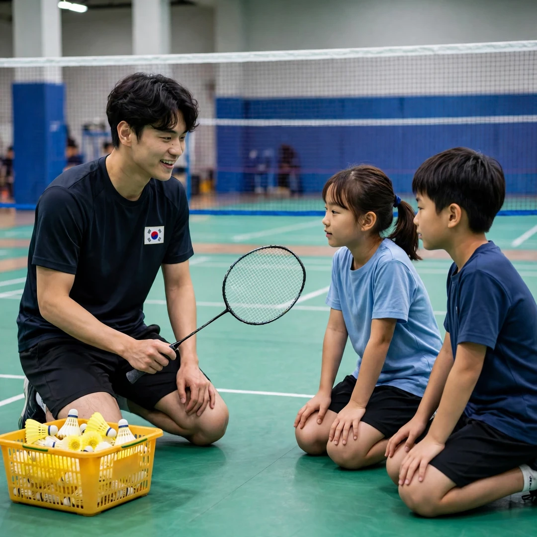 Kim Byung Jae demonstrating a net shot to junior players at a coaching clinic (AI-generated) Kim Byung Jae demonstrating a net shot to junior players at a coaching clinic (AI-generated)