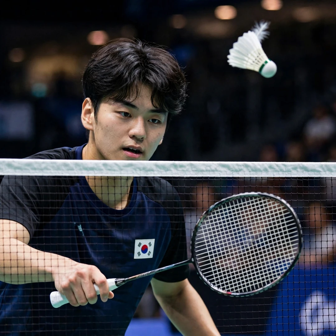 Kim Byung Jae playing a tight net shot, racket in his right hand (AI-generated) Kim Byung Jae playing a tight net shot, racket in his right hand (AI-generated)