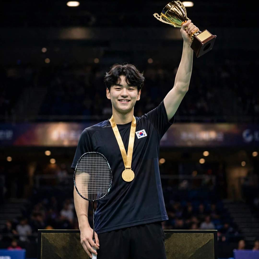 Kim Byung Jae holding up a trophy after his Vietnam International Series title, racket in his right hand (AI-generated) Kim Byung Jae holding up a trophy after his Vietnam International Series title, racket in his right hand (AI-generated)