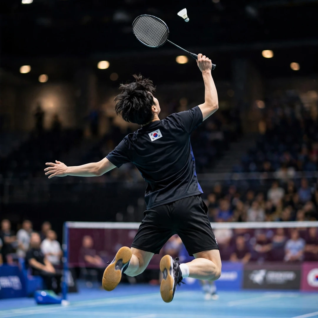 Kim Byung Jae preparing a jump smash, racket in his right hand (AI-generated) Kim Byung Jae preparing a jump smash, racket in his right hand (AI-generated)