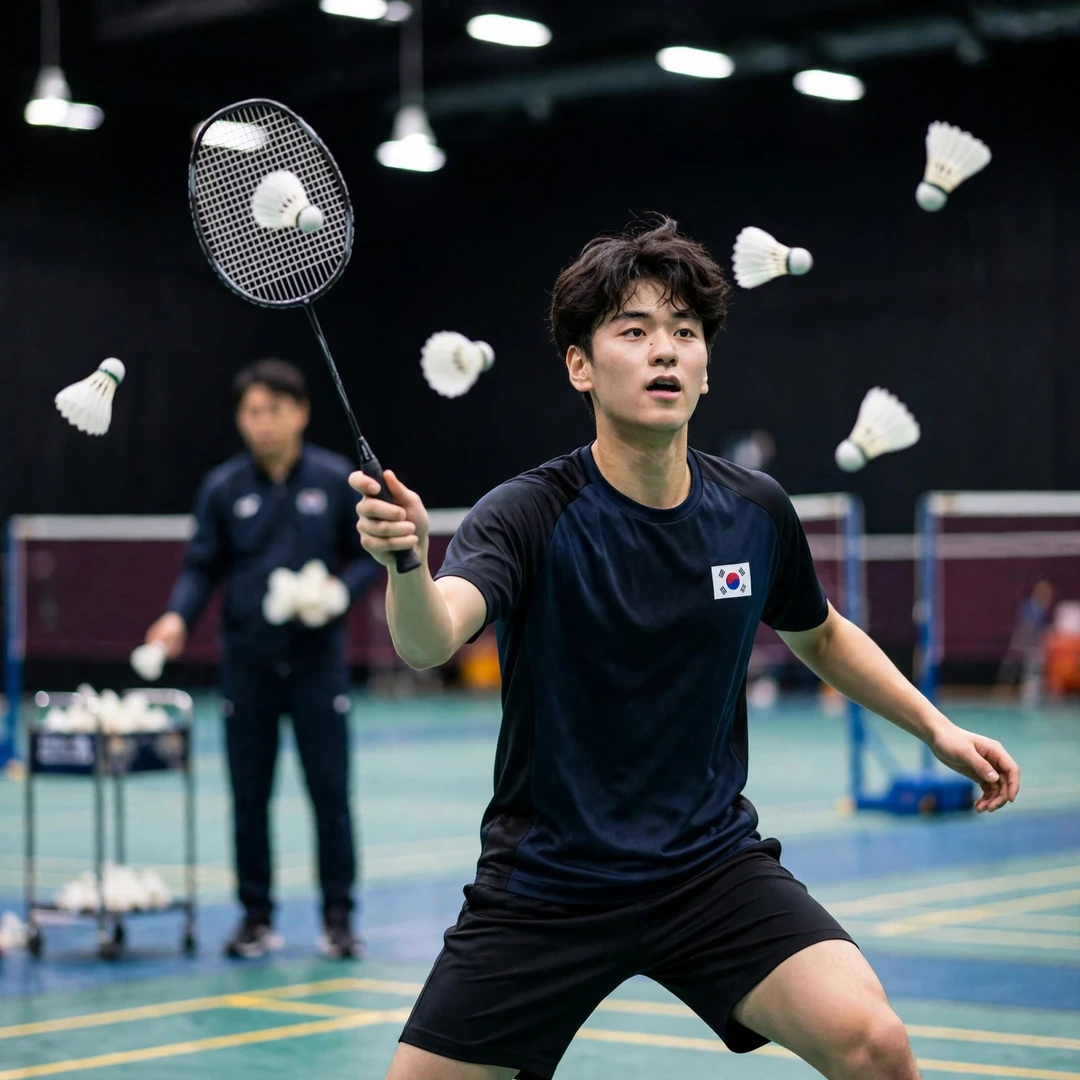 Kim Byung Jae in a multi-shuttle training drill (AI-generated) Kim Byung Jae in a multi-shuttle training drill (AI-generated)