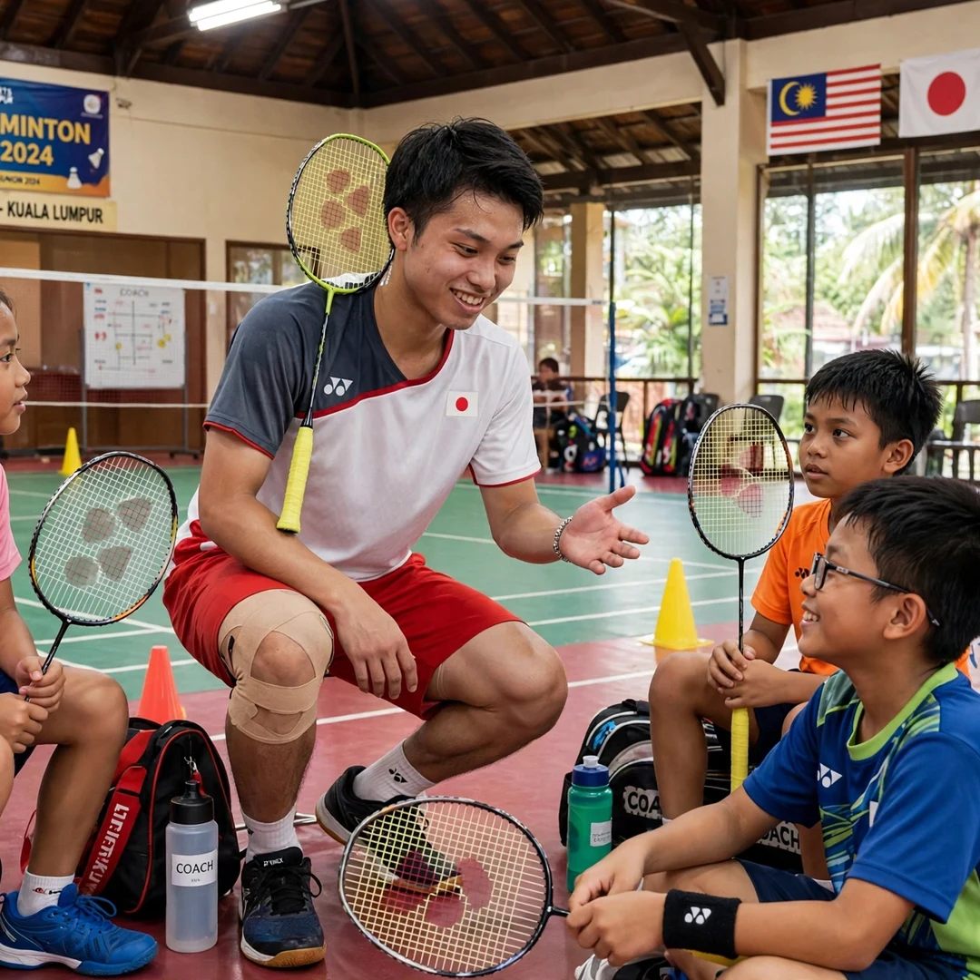 Japanese badminton star serving as role model for developing players across Southeast Asia Kodai Naraoka with junior players at clinic (AI-generated)