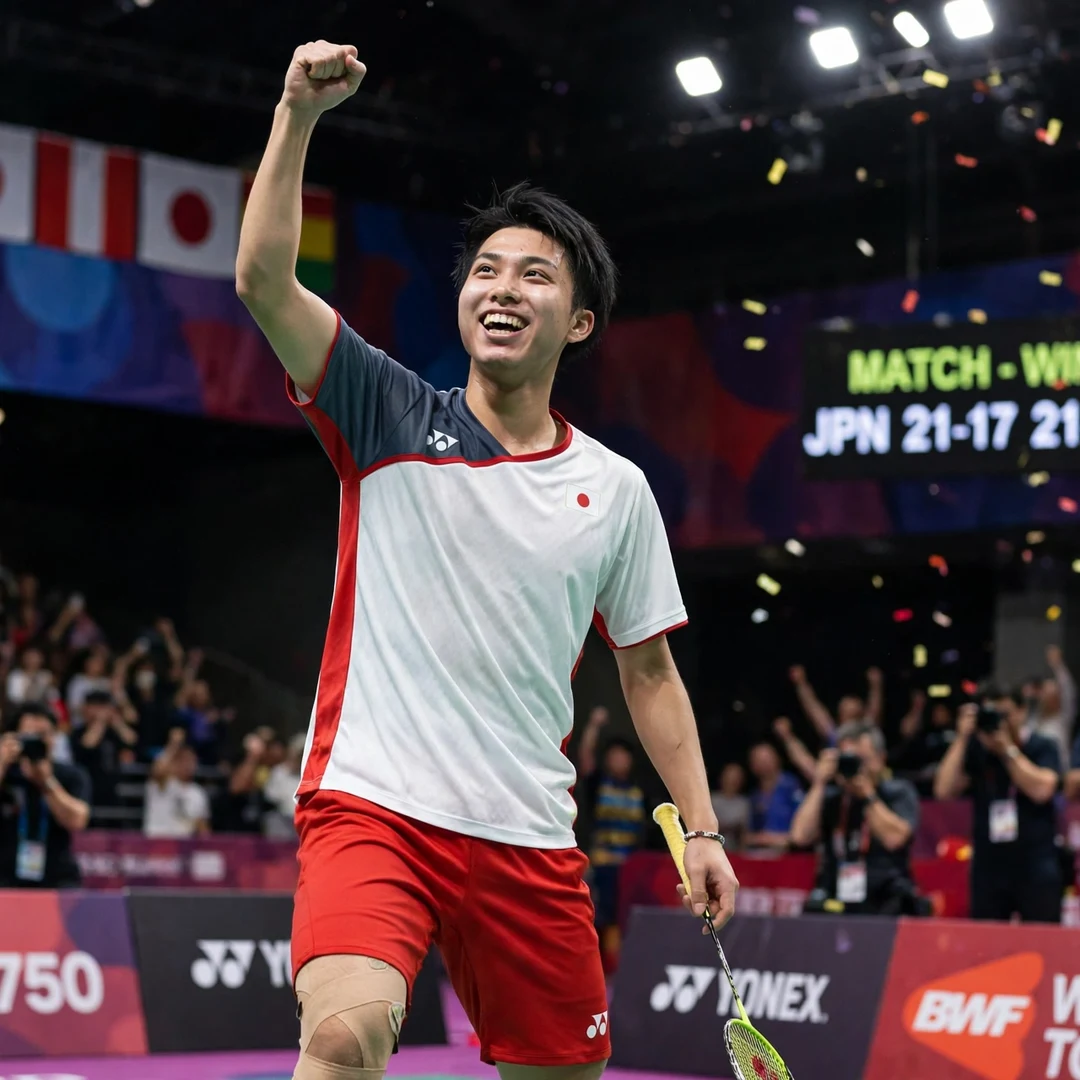 Kodai Naraoka training with Japanese national badminton team during preparation Kodai Naraoka celebrating victory (AI-generated)