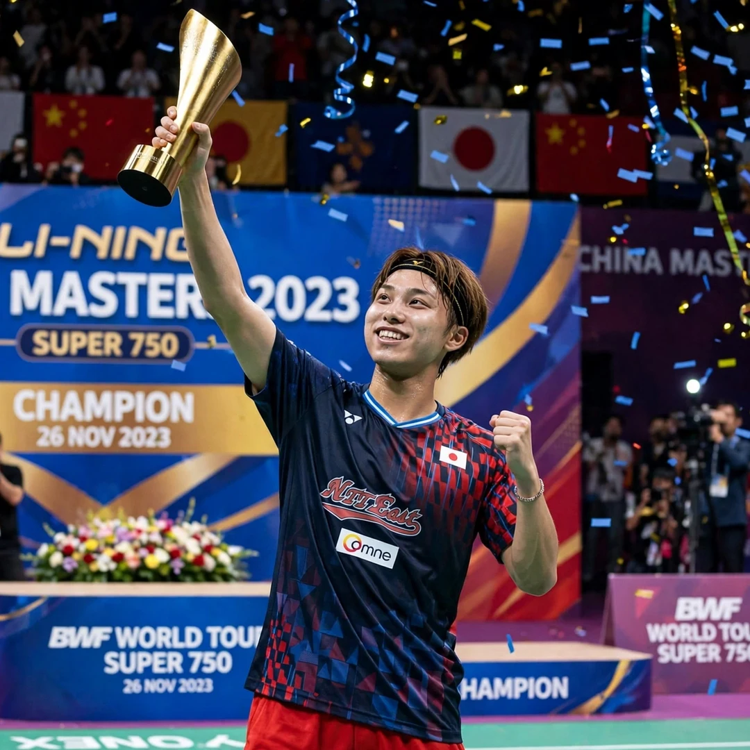 Japanese men's singles star earning historic Olympic silver medal for Japan Kodai Naraoka lifting China Masters 2023 trophy (AI-generated)
