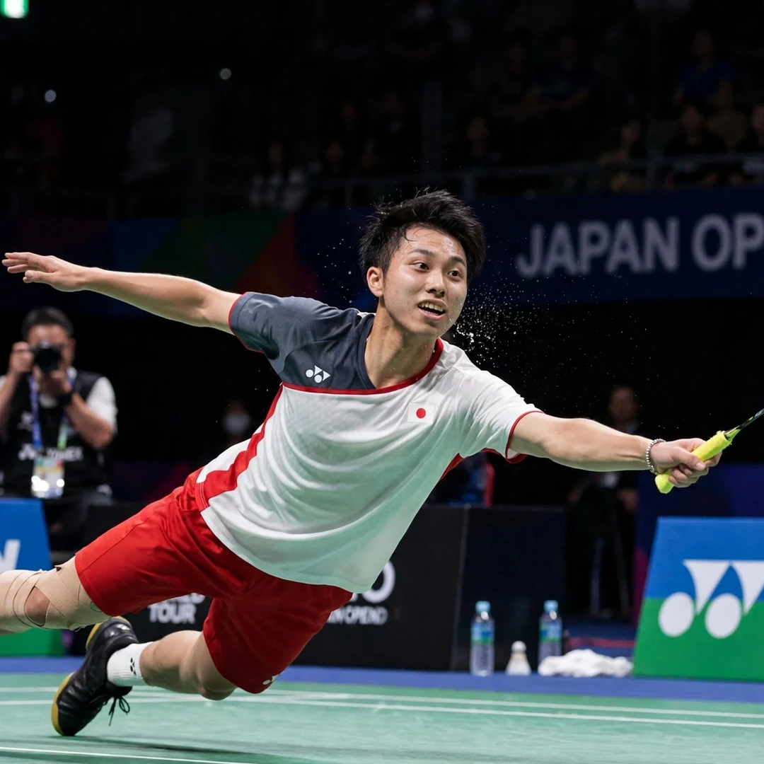 Japanese badminton player Kodai Naraoka achieving historic top world ranking Kodai Naraoka defensive return (AI-generated)