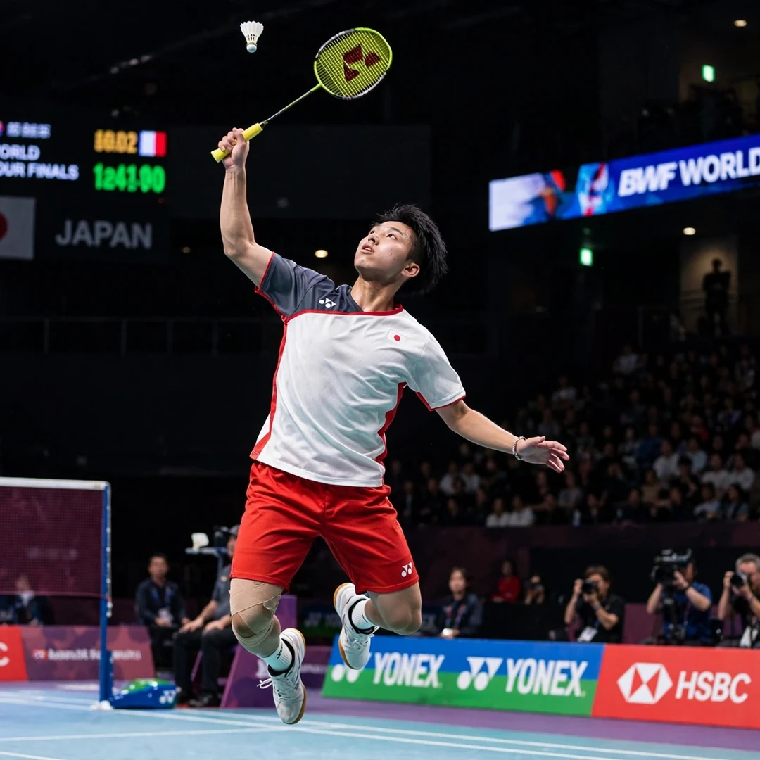 Kodai Naraoka displaying defensive retrieval during international men's singles match Kodai Naraoka jump smash (AI-generated)