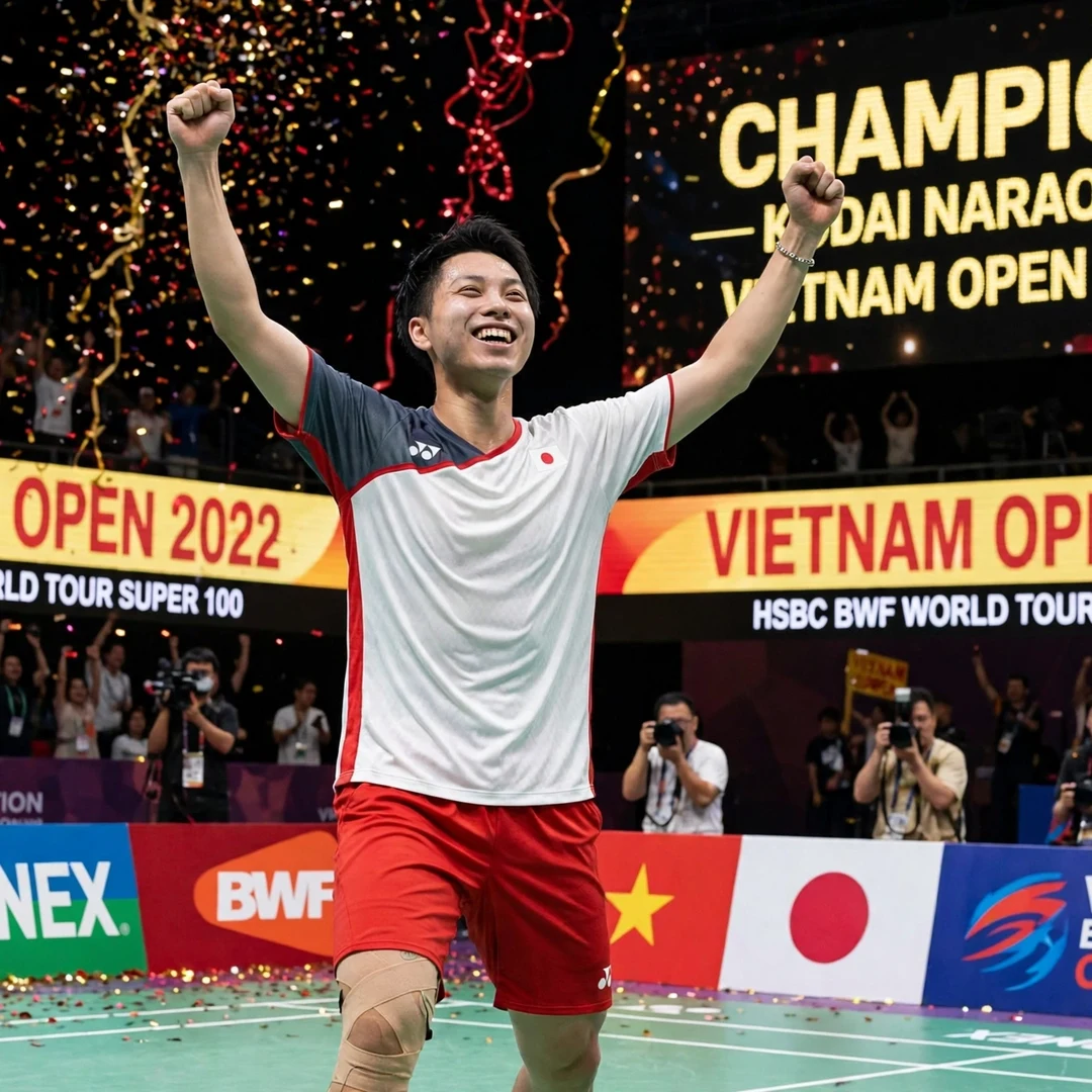 Japanese badminton champion displaying patient mindset and training dedication Kodai Naraoka celebrating Vietnam Open 2022 (AI-generated)