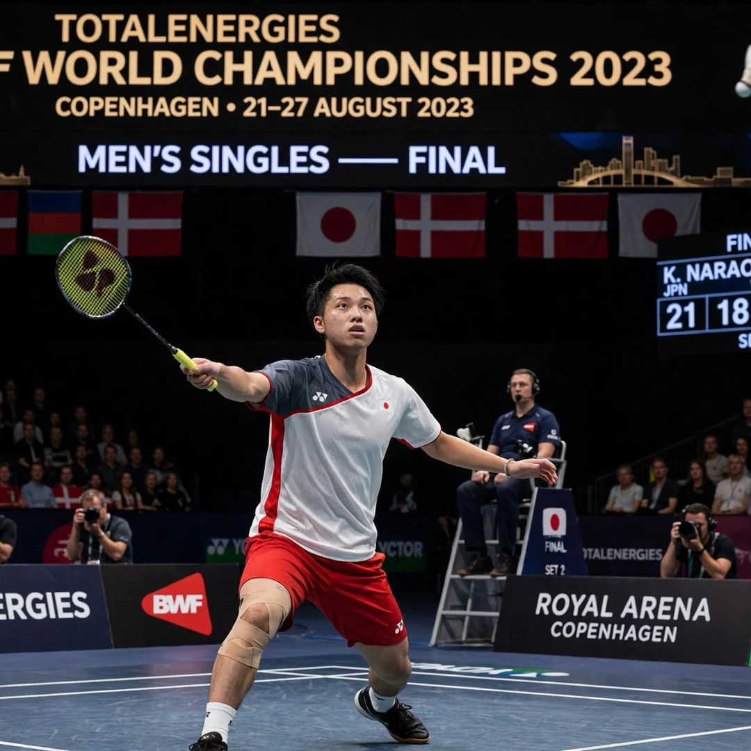 Japanese badminton star winning men's singles world title in historic moment for Japan Kodai Naraoka at World Championships 2023 (AI-generated)