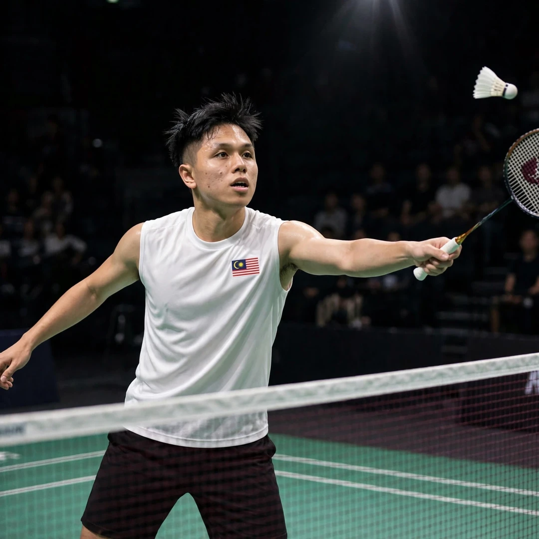 Kok Jing Hong of Malaysia plays a forehand net shot during a BWF World Tour match (AI-generated) Kok Jing Hong of Malaysia plays a forehand net shot during a BWF World Tour match (AI-generated)