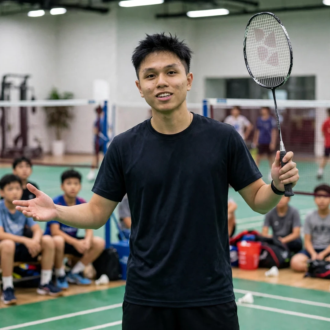 Kok Jing Hong of Malaysia demonstrates net-shot technique to junior players at a badminton academy clinic (AI-generated) Kok Jing Hong of Malaysia demonstrates net-shot technique to junior players at a badminton academy clinic (AI-generated)
