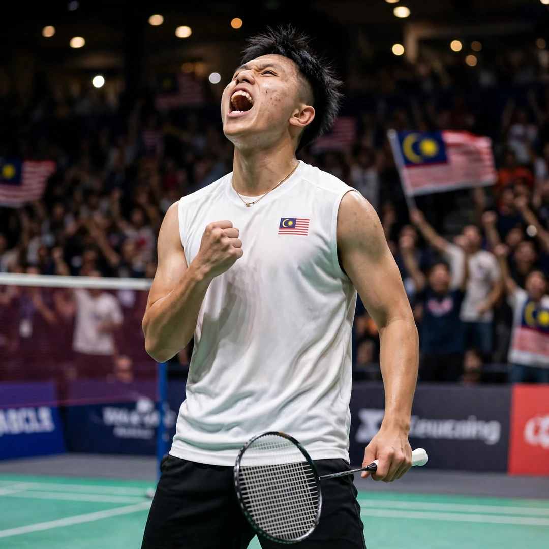 Kok Jing Hong of Malaysia celebrates winning the deciding match point for Malaysia (AI-generated) Kok Jing Hong of Malaysia celebrates winning the deciding match point for Malaysia (AI-generated)