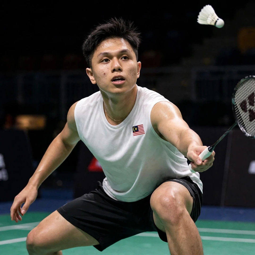 Kok Jing Hong of Malaysia defends in a low crouch during a BWF World Tour rally (AI-generated) Kok Jing Hong of Malaysia defends in a low crouch during a BWF World Tour rally (AI-generated)