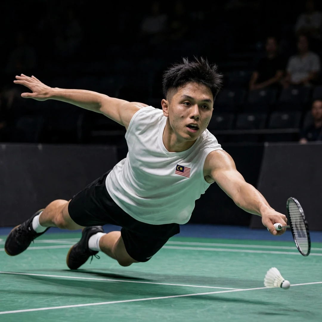 Kok Jing Hong of Malaysia dives for a forehand return at the Kumamoto Masters Japan (AI-generated) Kok Jing Hong of Malaysia dives for a forehand return at the Kumamoto Masters Japan (AI-generated)