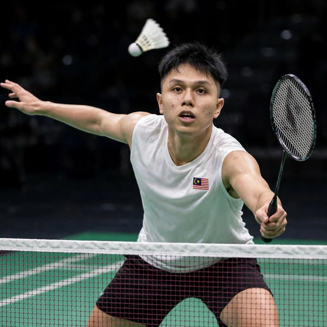 Kok Jing Hong of Malaysia plays a spinning net shot at the front of the court (AI-generated) Kok Jing Hong of Malaysia plays a spinning net shot at the front of the court (AI-generated)