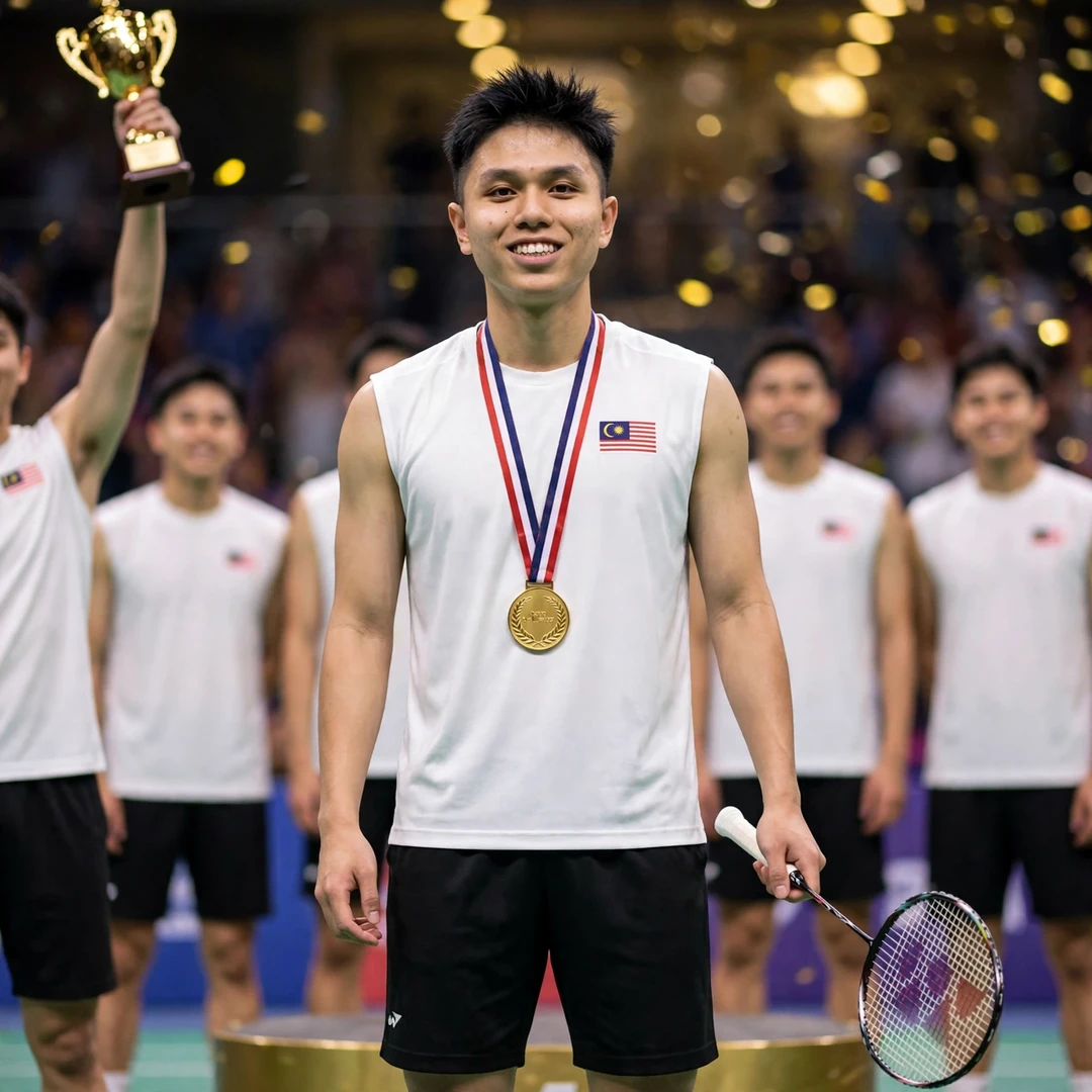 Kok Jing Hong of Malaysia celebrates on the podium with the gold medal from the Badminton Asia Team Championships (AI-generated) Kok Jing Hong of Malaysia celebrates on the podium with the gold medal from the Badminton Asia Team Championships (AI-generated)
