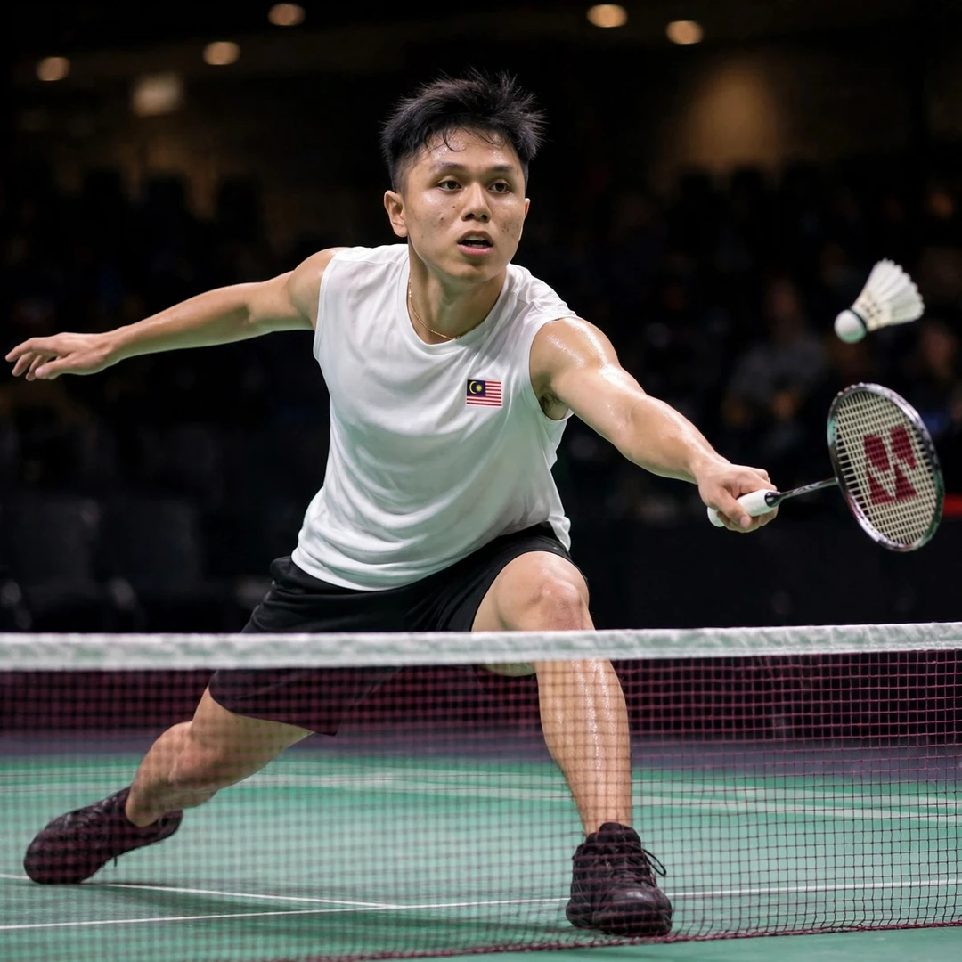 Kok Jing Hong of Malaysia lunges at the net during the SEA Games men's team event (AI-generated) Kok Jing Hong of Malaysia lunges at the net during the SEA Games men's team event (AI-generated)