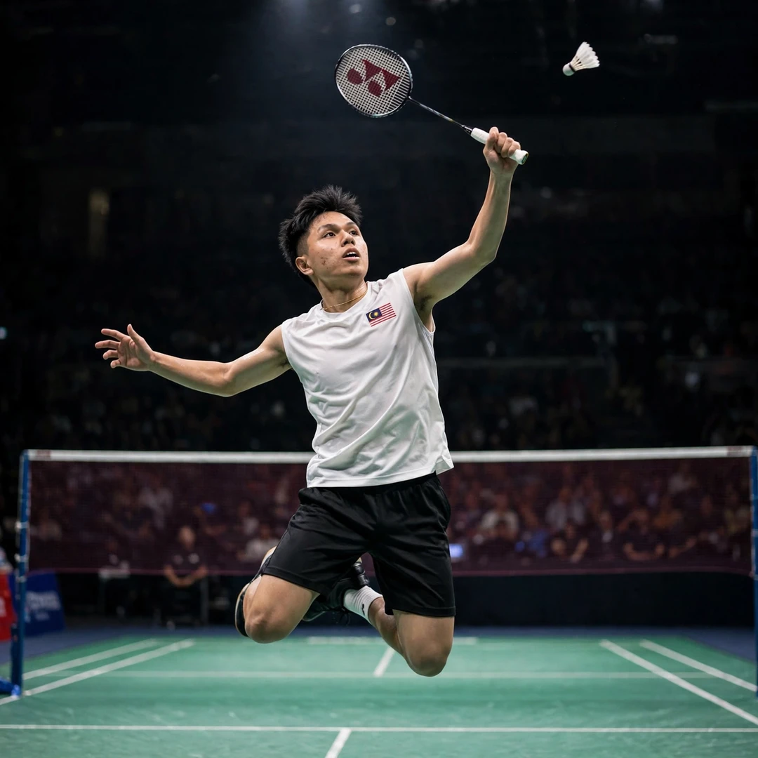 Kok Jing Hong of Malaysia leaps for a jump smash during a BWF World Tour match (AI-generated) Kok Jing Hong of Malaysia leaps for a jump smash during a BWF World Tour match (AI-generated)