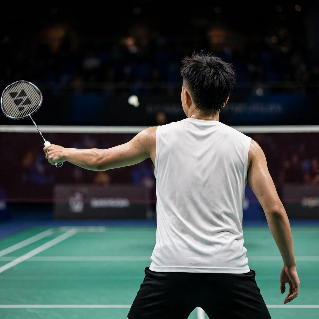 Kok Jing Hong of Malaysia playing a forehand drive, seen from behind (AI-generated) Kok Jing Hong of Malaysia playing a forehand drive, seen from behind (AI-generated)
