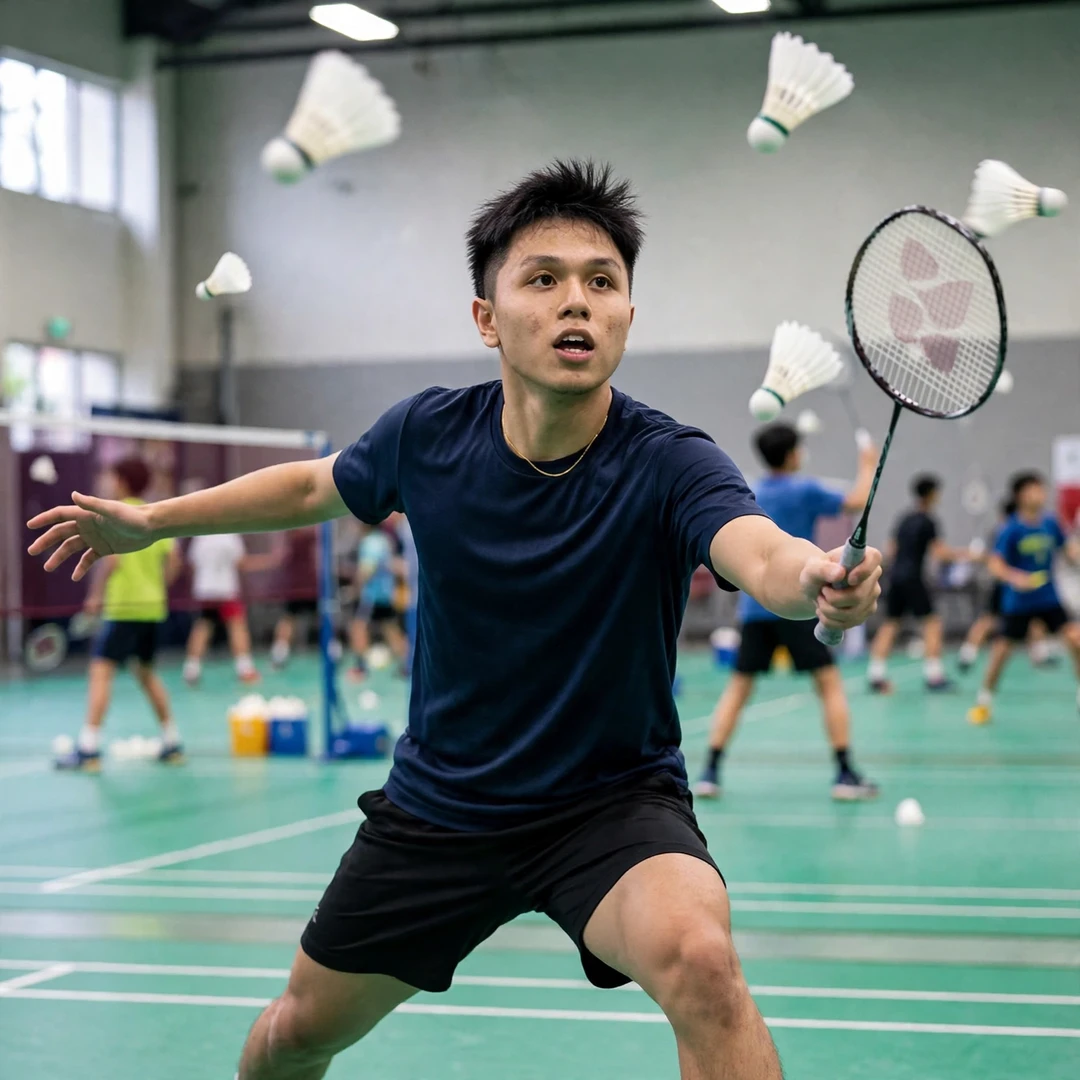 Kok Jing Hong of Malaysia trains with a multi-shuttle drill at a badminton academy in Malaysia (AI-generated) Kok Jing Hong of Malaysia trains with a multi-shuttle drill at a badminton academy in Malaysia (AI-generated)